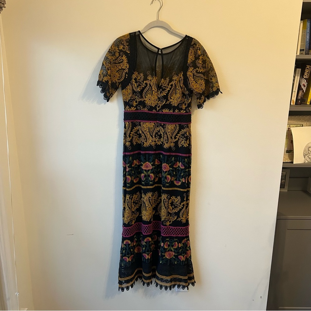 Anthropologie Black & Mustard Floral Lace Midi Dress with Pink Accents - Picture 10 of 10